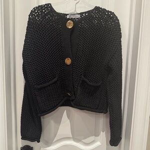ZARA Black Chunky Knit Cropped Cardigan Gold Button Size M NEW W/ TAGS